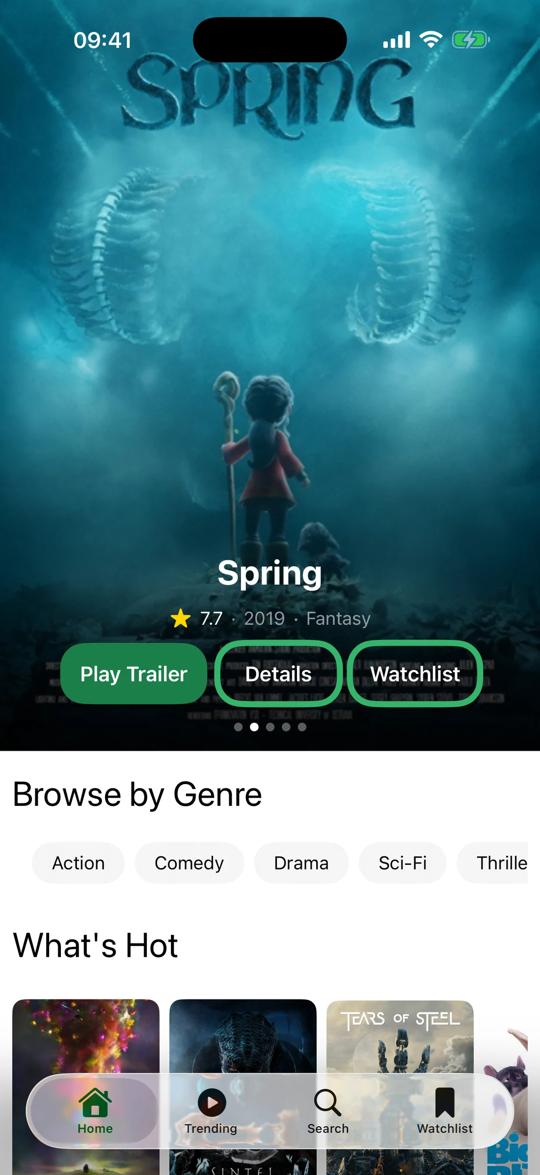 Tonight's home screen on iPhone, featuring the open film Spring with Play Trailer, Details and Watchlist buttons