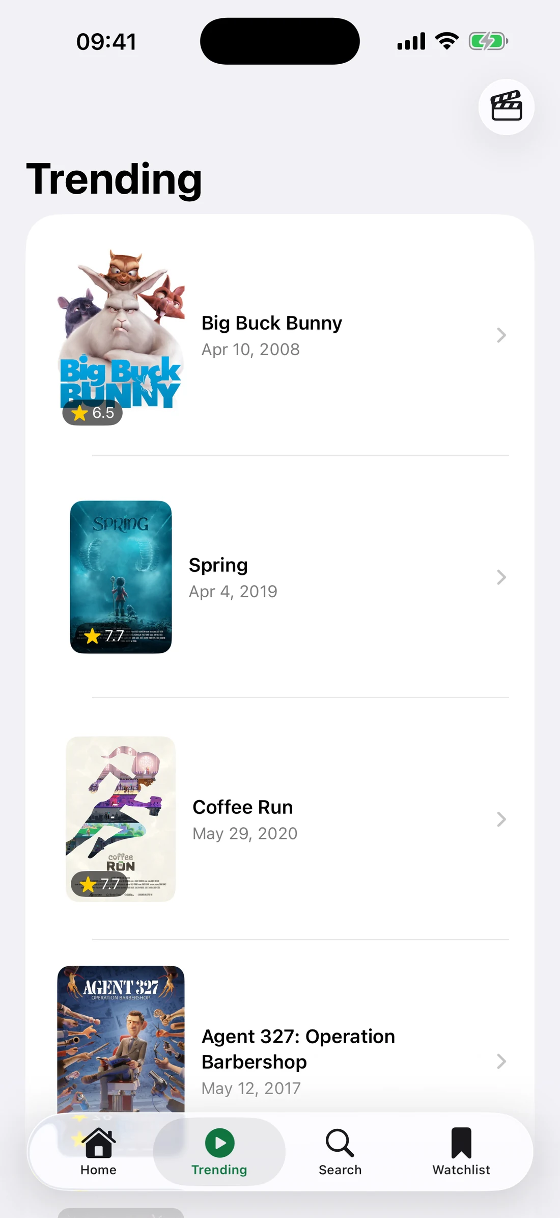 Tonight's Trending list on iPhone, with open films such as Big Buck Bunny and Spring