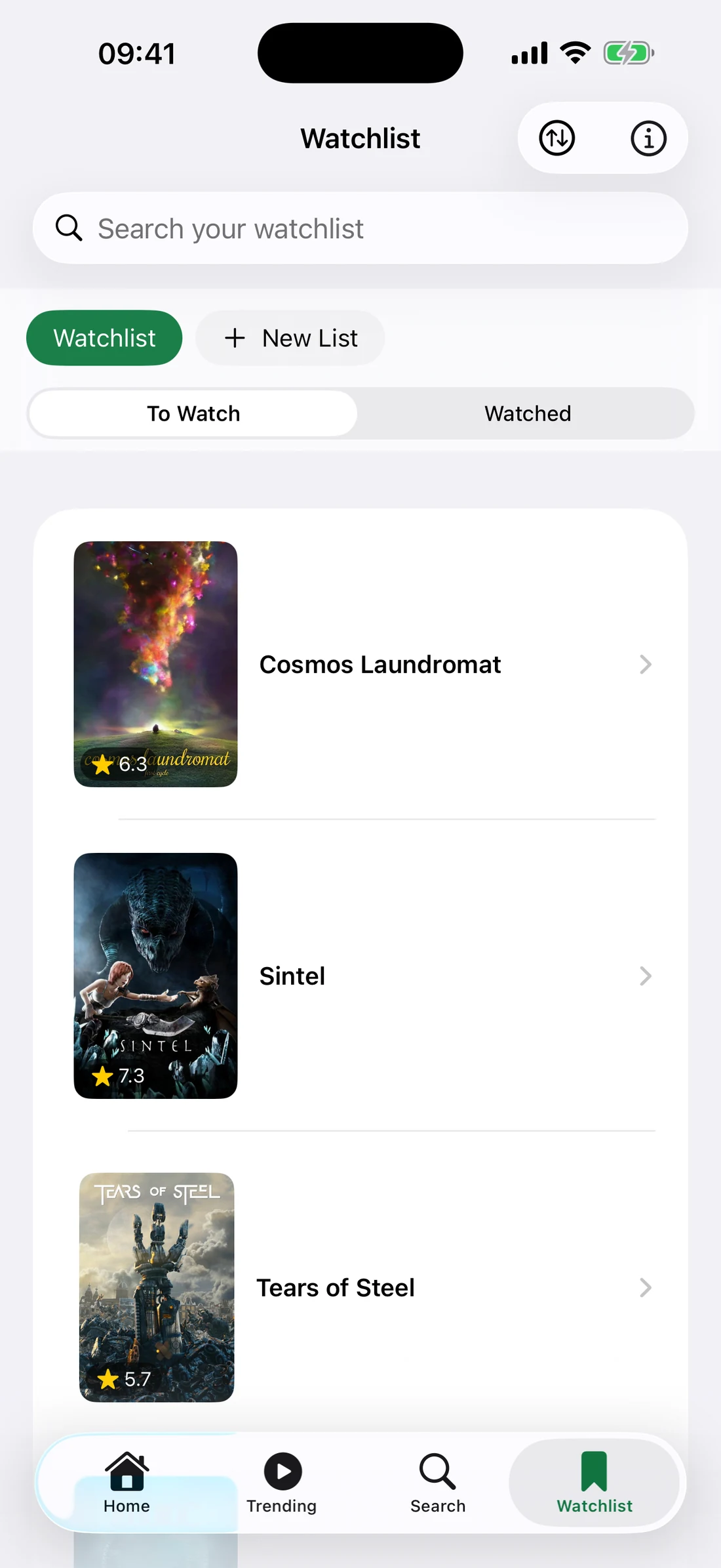Tonight's Watchlist on iPhone, with films to watch and a watched tab